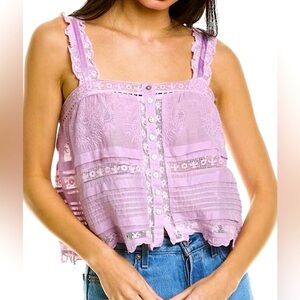 LoveShackFancy Purple Wisteria Velvet & Lace Trimmed Sulley Top